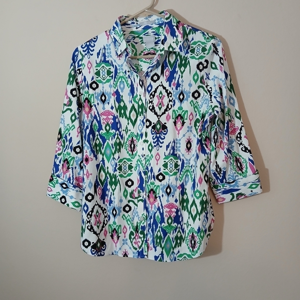 Chicos Geometric Blouse Top No Iron Stretch 1/2 Sleeve Button Down Colorful Sz 0